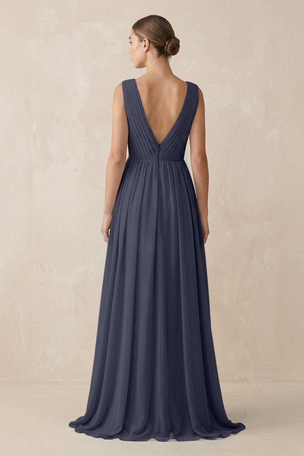 Deep V - Neck Pleated A - Line Chiffon Bridesmaid Dress in Dusk Blue - SHE IS ME Bridesmaid Dresses