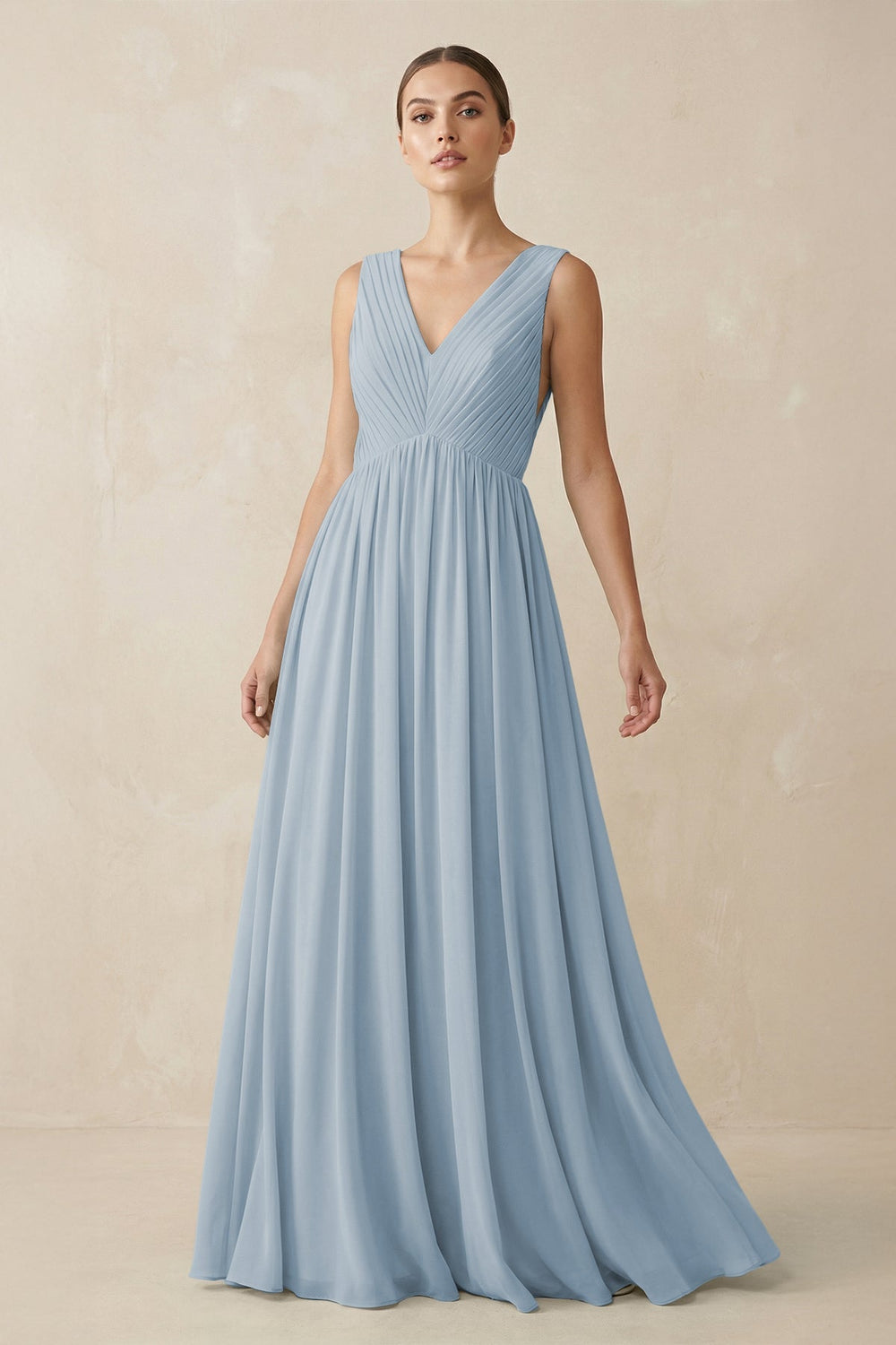 Deep V - Neck Pleated A - Line Chiffon Bridesmaid Dress in Dusty Blue - SHE IS ME Bridesmaid Dresses