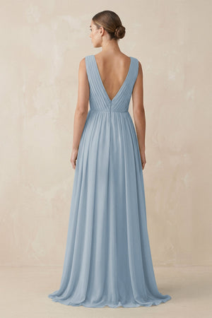 Deep V - Neck Pleated A - Line Chiffon Bridesmaid Dress in Dusty Blue - SHE IS ME Bridesmaid Dresses