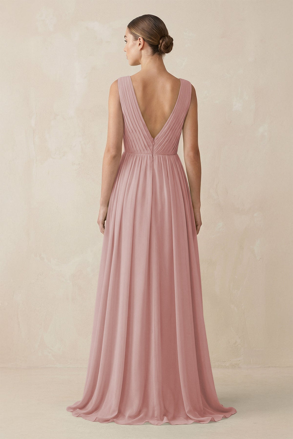 Deep V - Neck Pleated A - Line Chiffon Bridesmaid Dress in Dusty Rose - SHE IS ME Bridesmaid Dresses