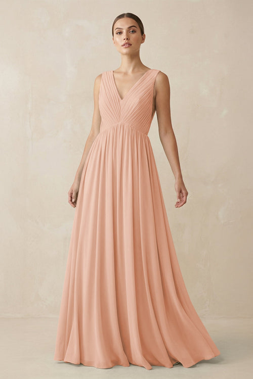 Deep V - Neck Pleated A - Line Chiffon Bridesmaid Dress in English Rose - SHE IS ME Bridesmaid Dresses