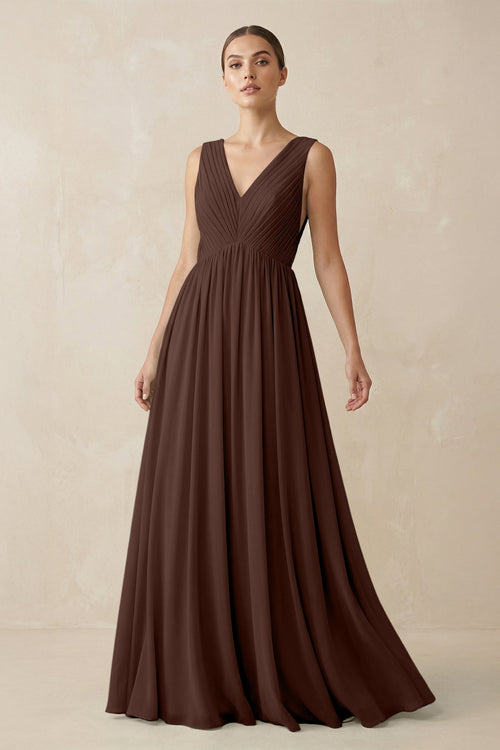Deep V - Neck Pleated A - Line Chiffon Bridesmaid Dress in Espresso - SHE IS ME Bridesmaid Dresses