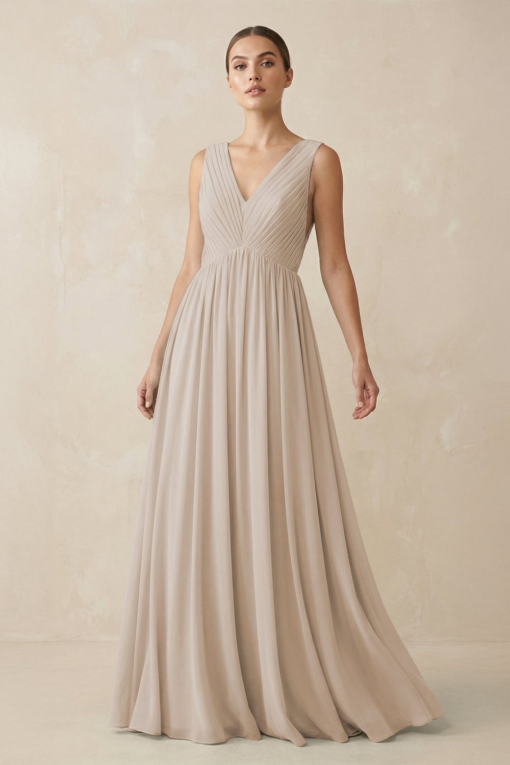 Deep V - Neck Pleated A - Line Chiffon Bridesmaid Dress in Frost - SHE IS ME Bridesmaid Dresses