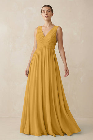 Deep V - Neck Pleated A - Line Chiffon Bridesmaid Dress in Marigold - SHE IS ME Bridesmaid Dresses