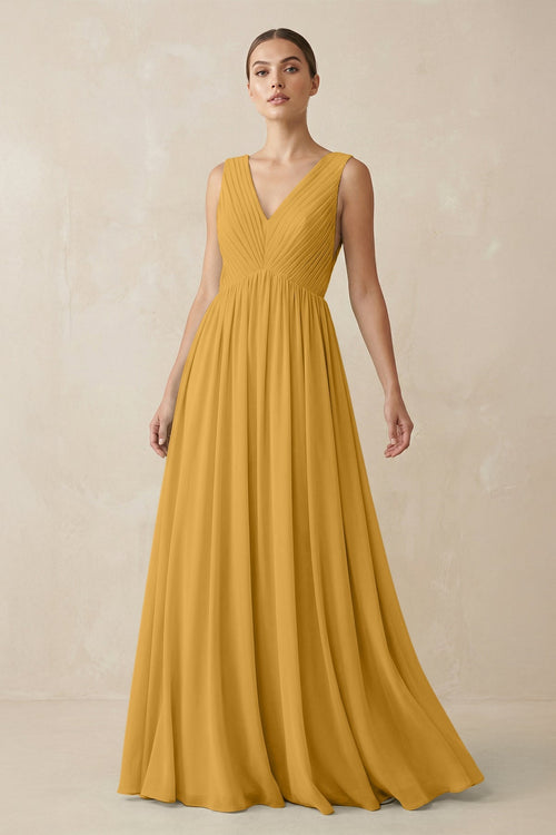 Deep V - Neck Pleated A - Line Chiffon Bridesmaid Dress in Marigold - SHE IS ME Bridesmaid Dresses