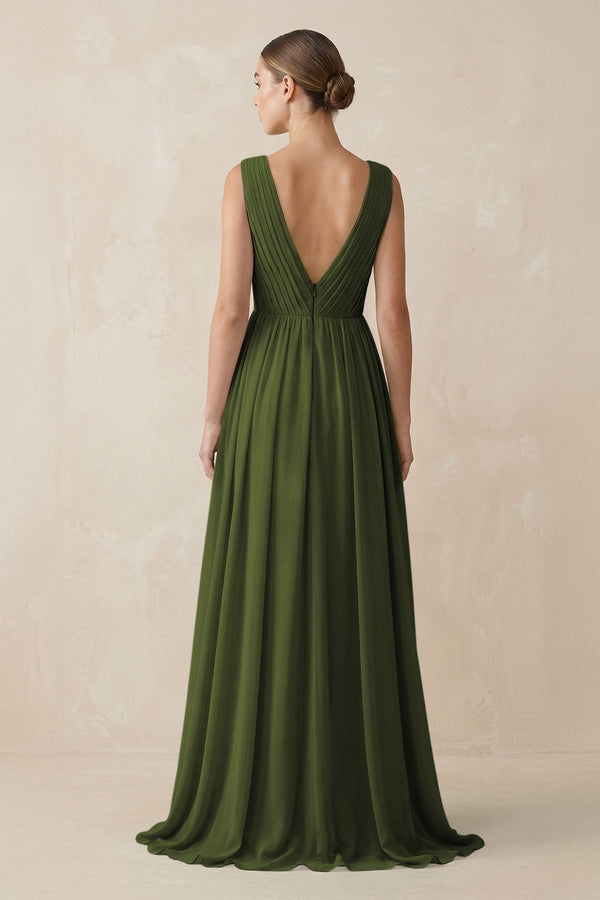 Deep V - Neck Pleated A - Line Chiffon Bridesmaid Dress in Olive - SHE IS ME Bridesmaid Dresses