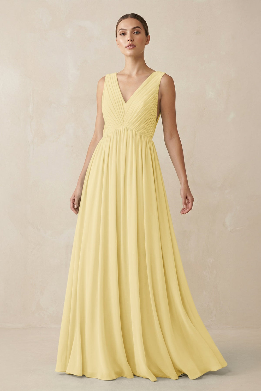 Deep V - Neck Pleated A - Line Chiffon Bridesmaid Dress in Pastel Yellow - SHE IS ME Bridesmaid Dresses