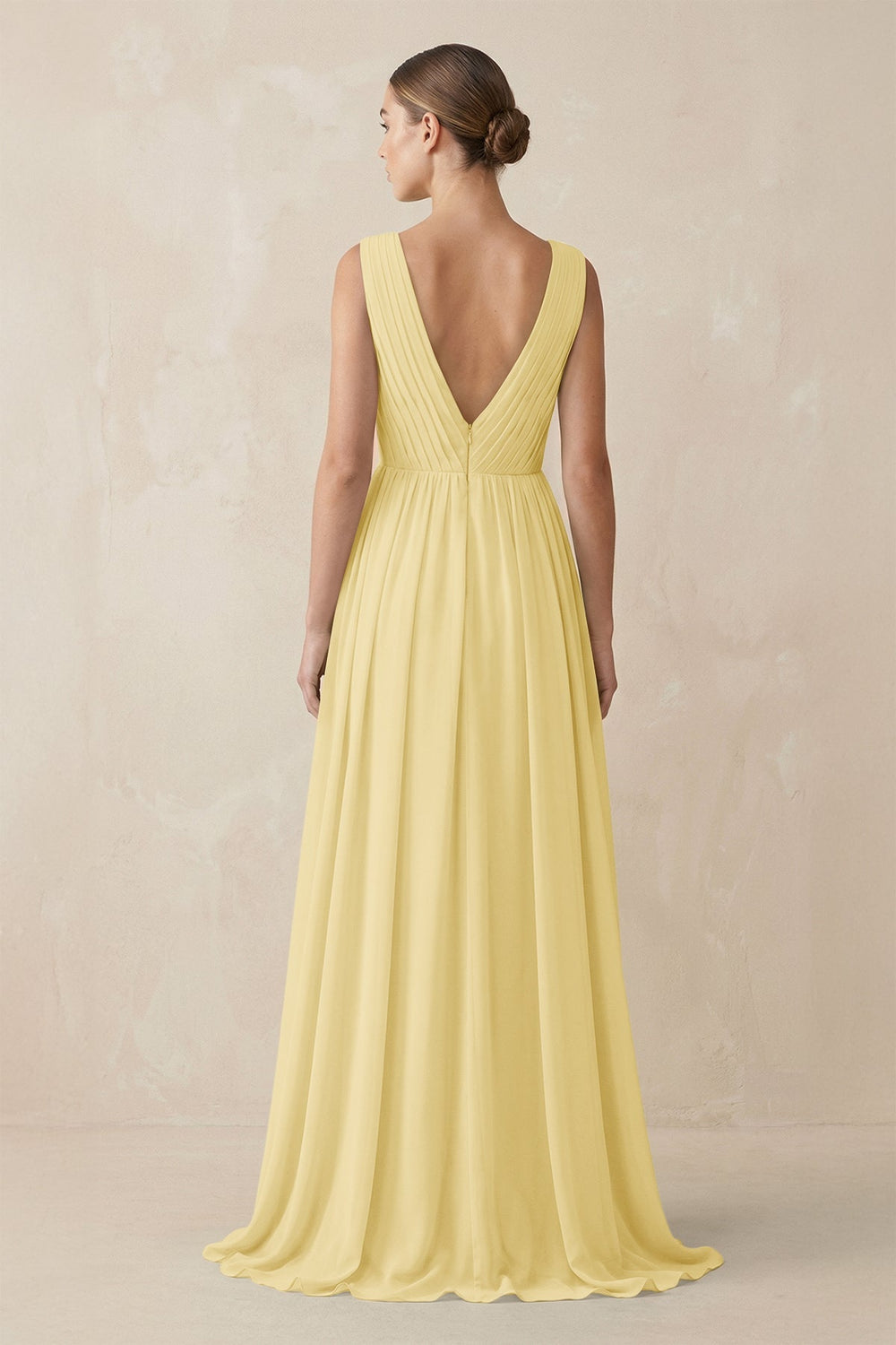 Deep V - Neck Pleated A - Line Chiffon Bridesmaid Dress in Pastel Yellow - SHE IS ME Bridesmaid Dresses
