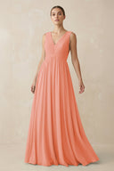Deep V - Neck Pleated A - Line Chiffon Bridesmaid Dress in Rosette - SHE IS ME Bridesmaid Dresses