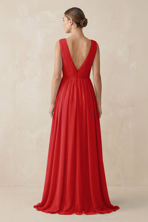 Deep V - Neck Pleated A - Line Chiffon Bridesmaid Dress in Ruby Red - SHE IS ME Bridesmaid Dresses