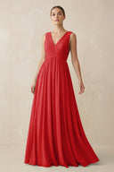 Deep V - Neck Pleated A - Line Chiffon Bridesmaid Dress in Ruby Red - SHE IS ME Bridesmaid Dresses