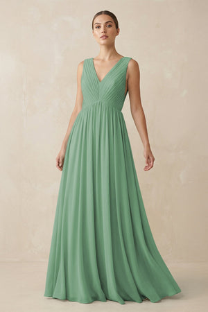 Deep V - Neck Pleated A - Line Chiffon Bridesmaid Dress in Sea Glass - SHE IS ME Bridesmaid Dresses