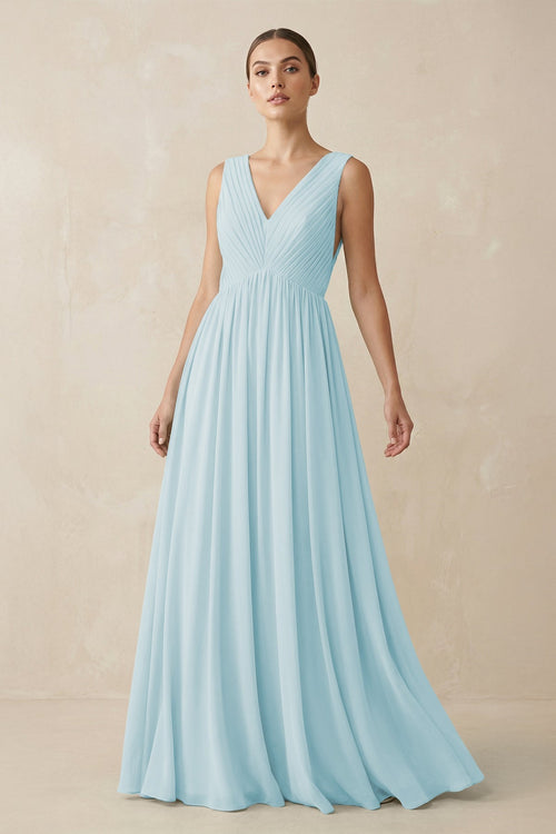 Deep V - Neck Pleated A - Line Chiffon Bridesmaid Dress in Sky Blue - SHE IS ME Bridesmaid Dresses