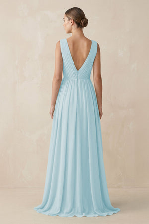 Deep V - Neck Pleated A - Line Chiffon Bridesmaid Dress in Sky Blue - SHE IS ME Bridesmaid Dresses