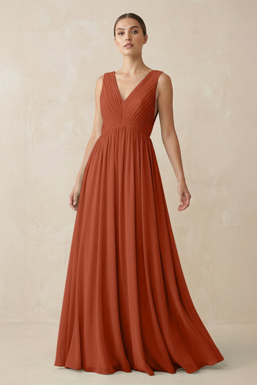 Deep V - Neck Pleated A - Line Chiffon Bridesmaid Dress in Spice - SHE IS ME Bridesmaid Dresses
