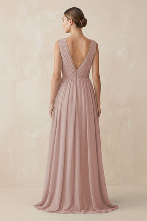 Deep V - Neck Pleated A - Line Chiffon Bridesmaid Dress in Toffee - SHE IS ME Bridesmaid Dresses