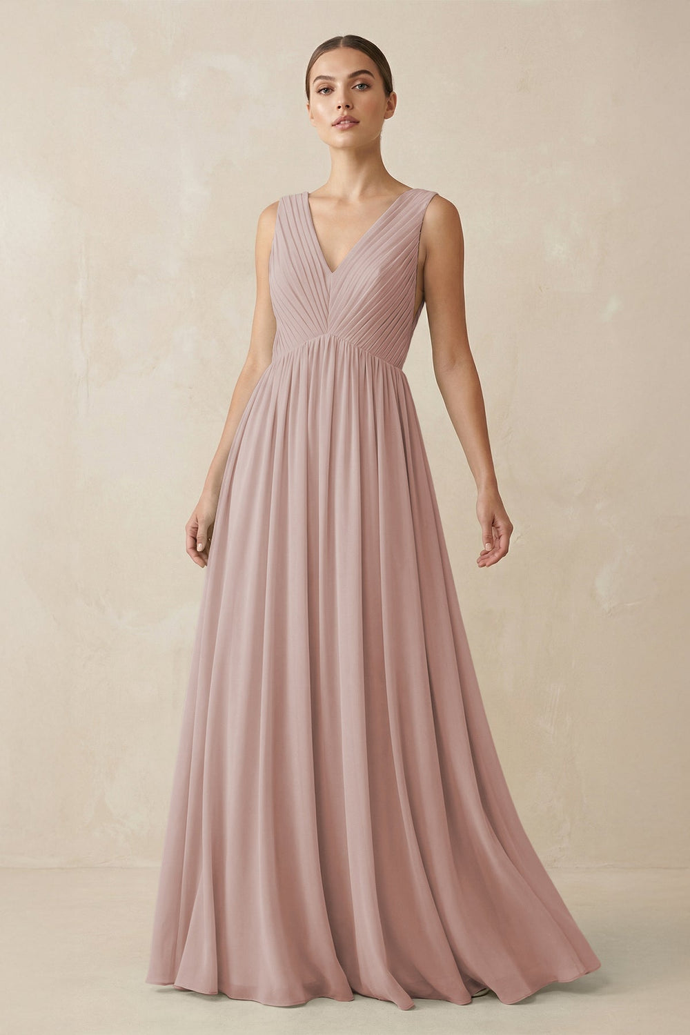 Deep V - Neck Pleated A - Line Chiffon Bridesmaid Dress in Toffee - SHE IS ME Bridesmaid Dresses
