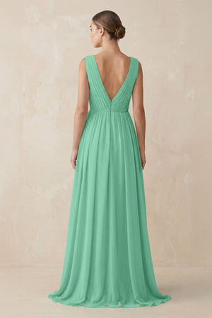 Deep V - Neck Pleated A - Line Chiffon Bridesmaid Dress in Turquoise - SHE IS ME Bridesmaid Dresses