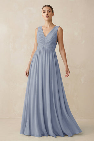 Deep V - Neck Pleated A - Line Chiffon Bridesmaid Dress in Twilight - SHE IS ME Bridesmaid Dresses