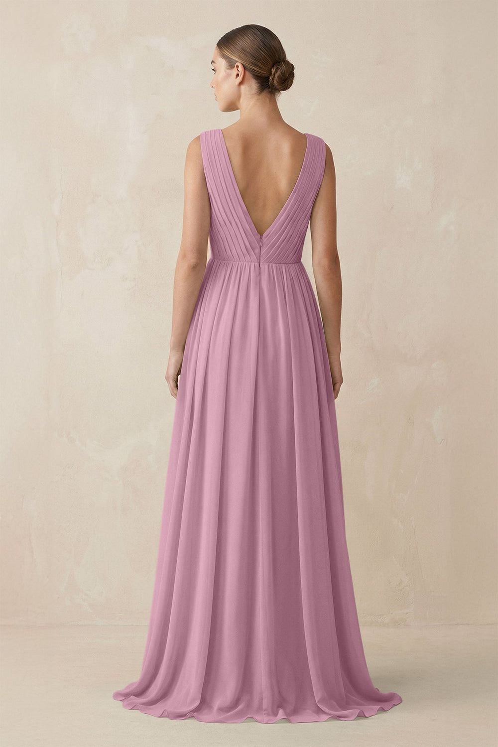 Deep V - Neck Pleated A - Line Chiffon Bridesmaid Dress in Vintage Mauve - SHE IS ME Bridesmaid Dresses