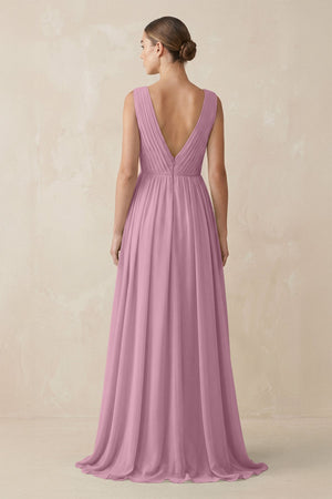 Deep V - Neck Pleated A - Line Chiffon Bridesmaid Dress in Vintage Mauve - SHE IS ME Bridesmaid Dresses