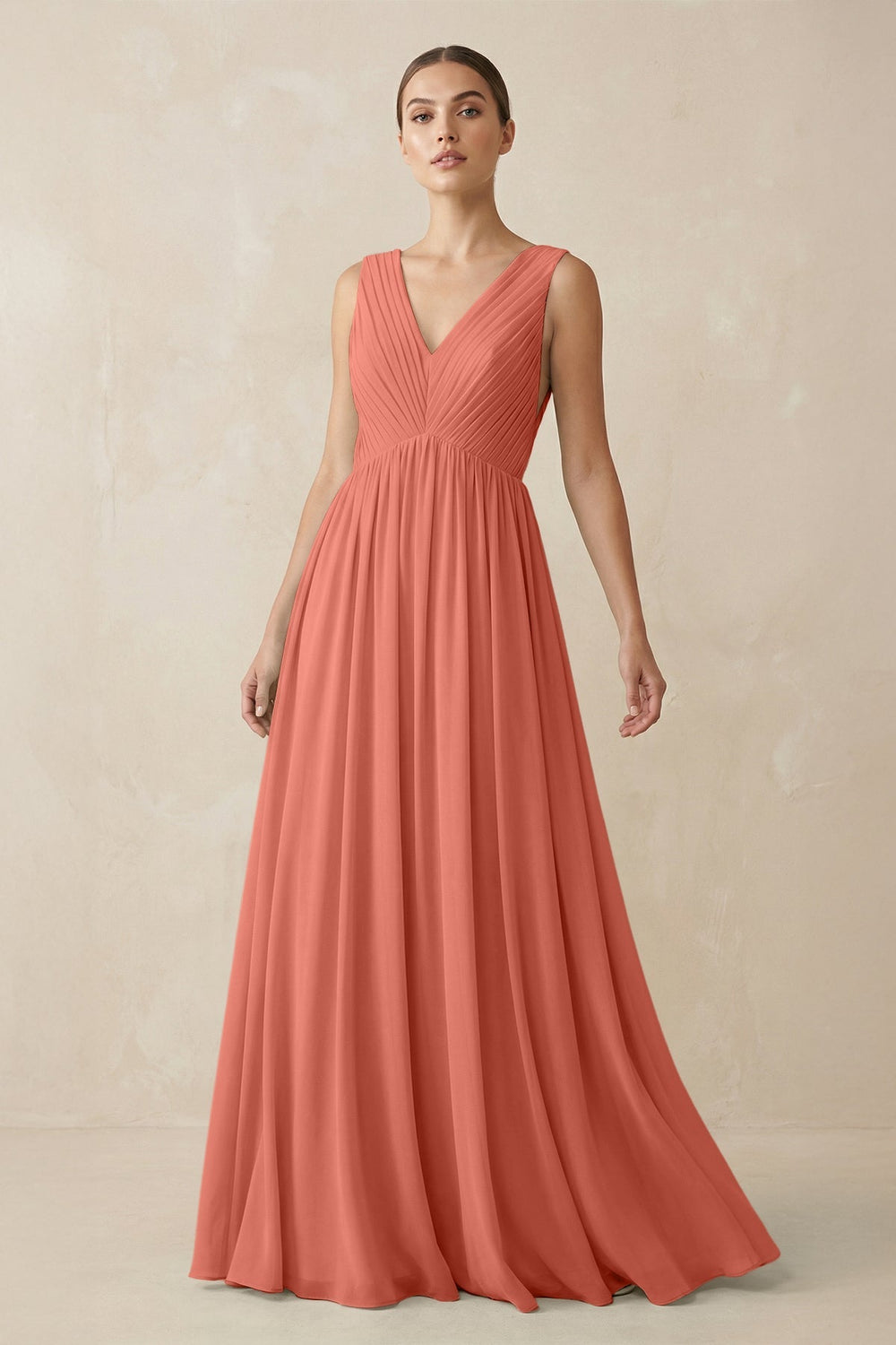Deep V - Neck Pleated A - Line Chiffon Bridesmaid Dress in Wild Rose - SHE IS ME Bridesmaid Dresses