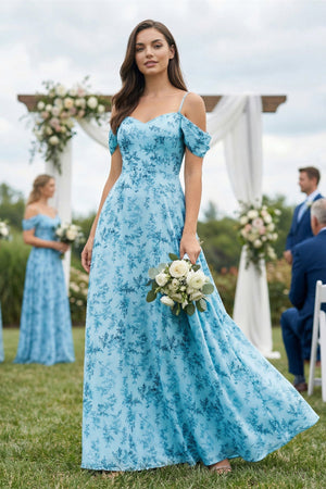 Floral Chiffon Off - the - Shoulder A - Line Bridesmaid Dress in Adriatic Blue - SHE IS ME Bridesmaid Dresses