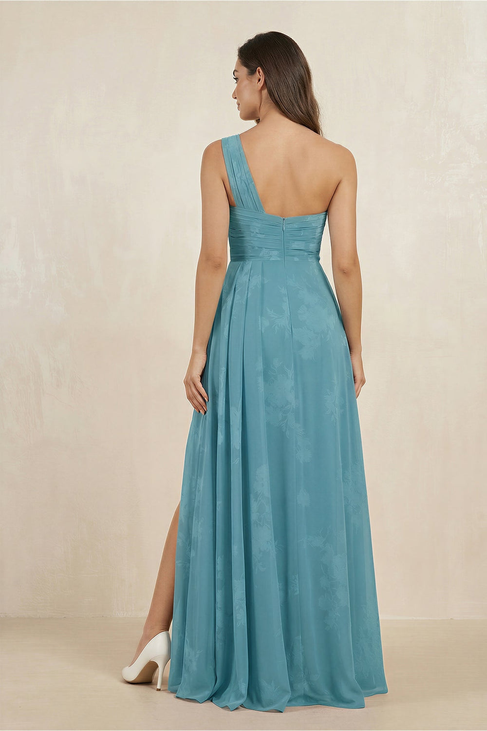 Floral Printed One - Shoulder A - Line Chiffon Bridesmaid Dress in Adriatic Blue - SHE IS ME Bridesmaid Dresses