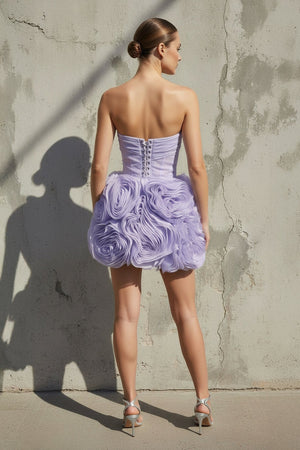 Floral Ruched Strapless Mini Dress in Lavender - SHE IS ME