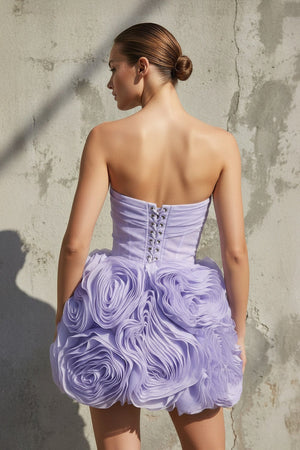 Floral Ruched Strapless Mini Dress in Lavender - SHE IS ME