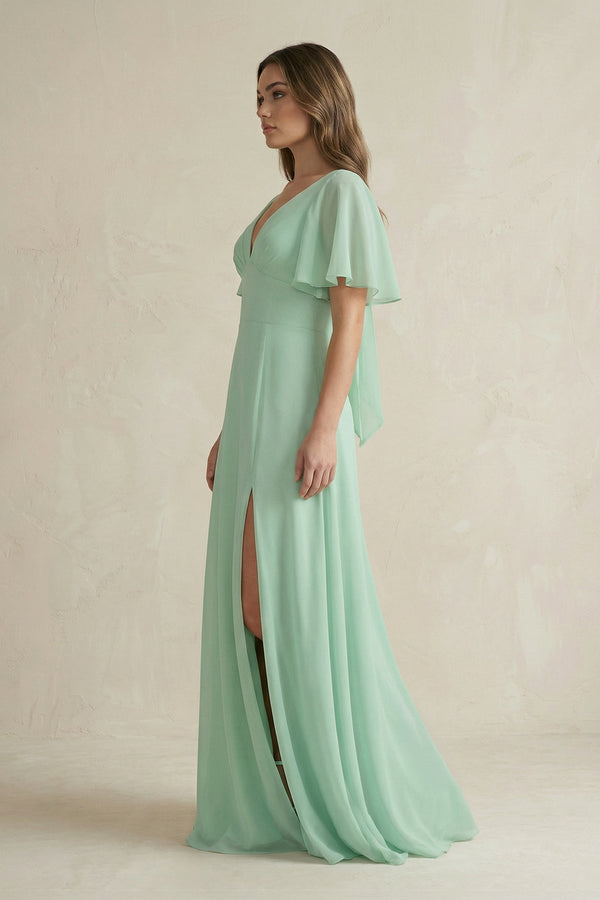 Flutter Sleeve V - Neck A - Line Chiffon Bridesmaid Dress - SHE IS ME Bridesmaid Dresses