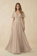 Flutter Sleeve V - Neck Chiffon A - Line Bridesmaid Dress in Almond - SHE IS ME Bridesmaid Dresses