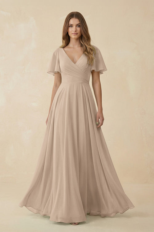Flutter Sleeve V - Neck Chiffon A - Line Bridesmaid Dress in Almond - SHE IS ME Bridesmaid Dresses