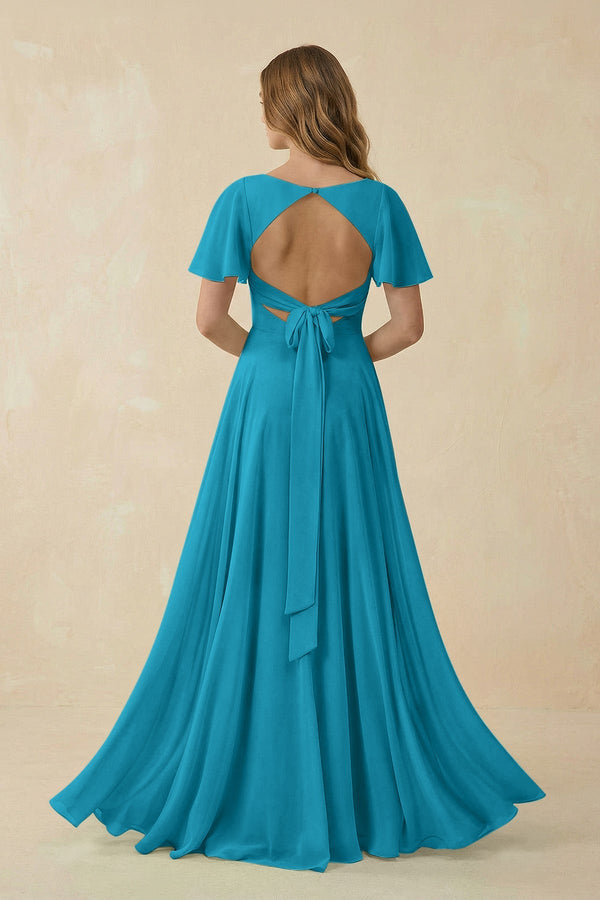 Flutter Sleeve V - Neck Chiffon A - Line Bridesmaid Dress in Blue Jay - SHE IS ME Bridesmaid Dresses