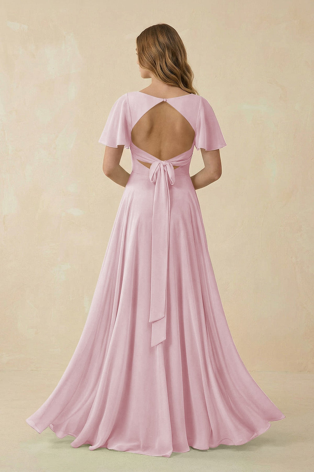 Flutter Sleeve V - Neck Chiffon A - Line Bridesmaid Dress in Candy Pink - SHE IS ME Bridesmaid Dresses