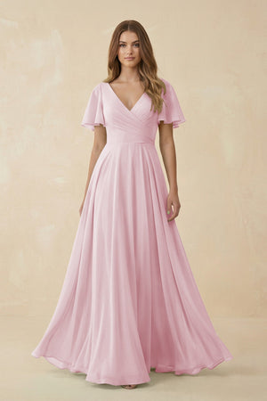 Flutter Sleeve V - Neck Chiffon A - Line Bridesmaid Dress in Candy Pink - SHE IS ME Bridesmaid Dresses