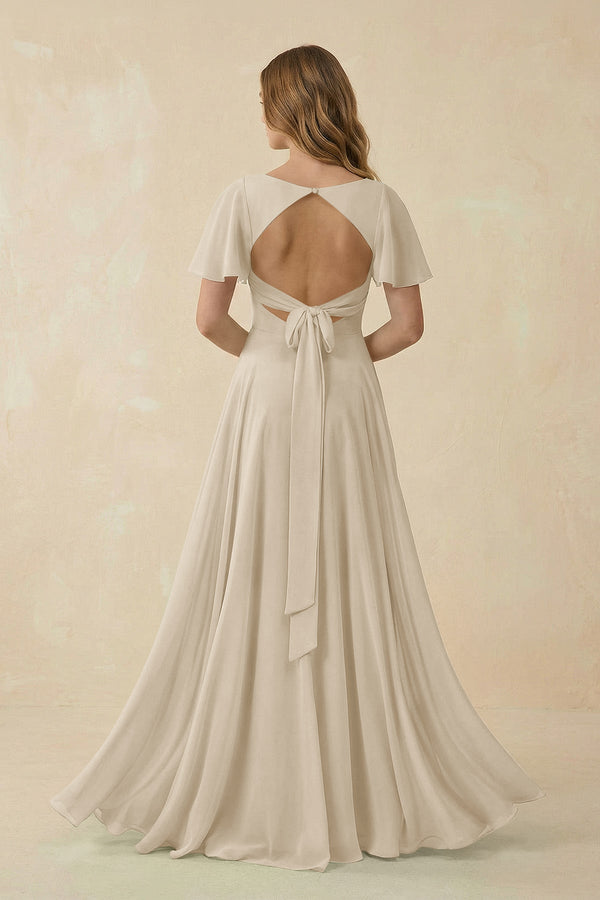 Flutter Sleeve V - Neck Chiffon A - Line Bridesmaid Dress in Champagne - SHE IS ME Bridesmaid Dresses