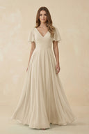 Flutter Sleeve V - Neck Chiffon A - Line Bridesmaid Dress in Champagne - SHE IS ME Bridesmaid Dresses