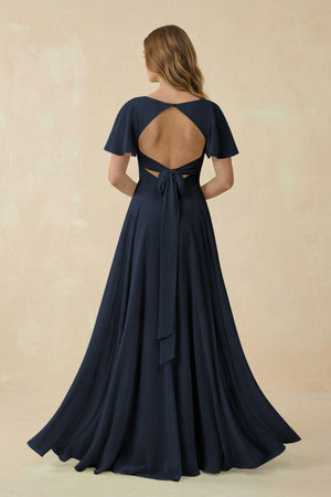 Flutter Sleeve V - Neck Chiffon A - Line Bridesmaid Dress in Dark Navy - SHE IS ME Bridesmaid Dresses