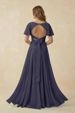 Flutter Sleeve V - Neck Chiffon A - Line Bridesmaid Dress in Dusk Blue - SHE IS ME Bridesmaid Dresses