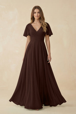 Flutter Sleeve V - Neck Chiffon A - Line Bridesmaid Dress in Espresso - SHE IS ME Bridesmaid Dresses