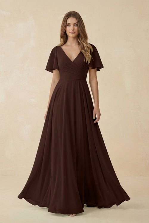 Flutter Sleeve V - Neck Chiffon A - Line Bridesmaid Dress in Espresso - SHE IS ME Bridesmaid Dresses
