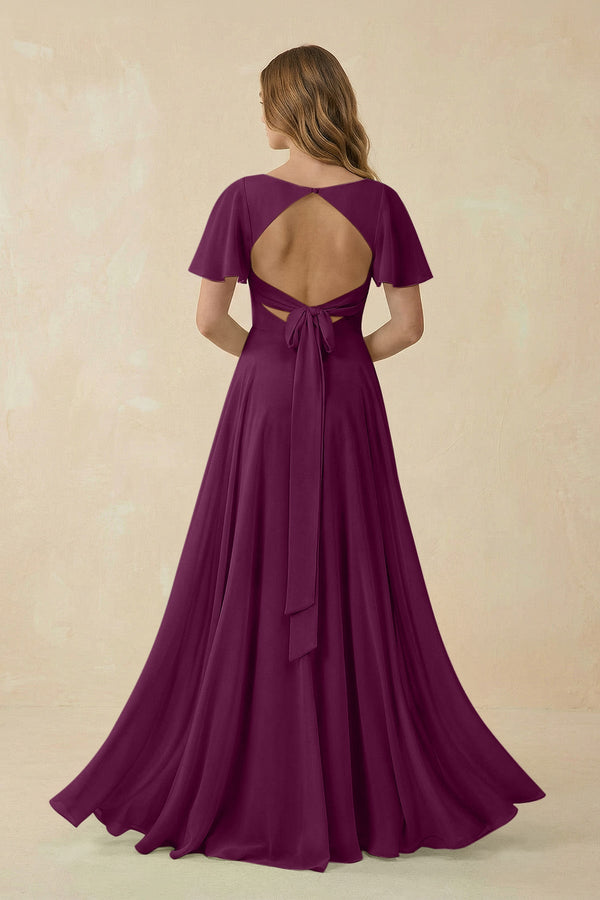 Flutter Sleeve V - Neck Chiffon A - Line Bridesmaid Dress in Fig - SHE IS ME Bridesmaid Dresses