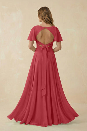 Flutter Sleeve V - Neck Chiffon A - Line Bridesmaid Dress in Merlot - SHE IS ME Bridesmaid Dresses
