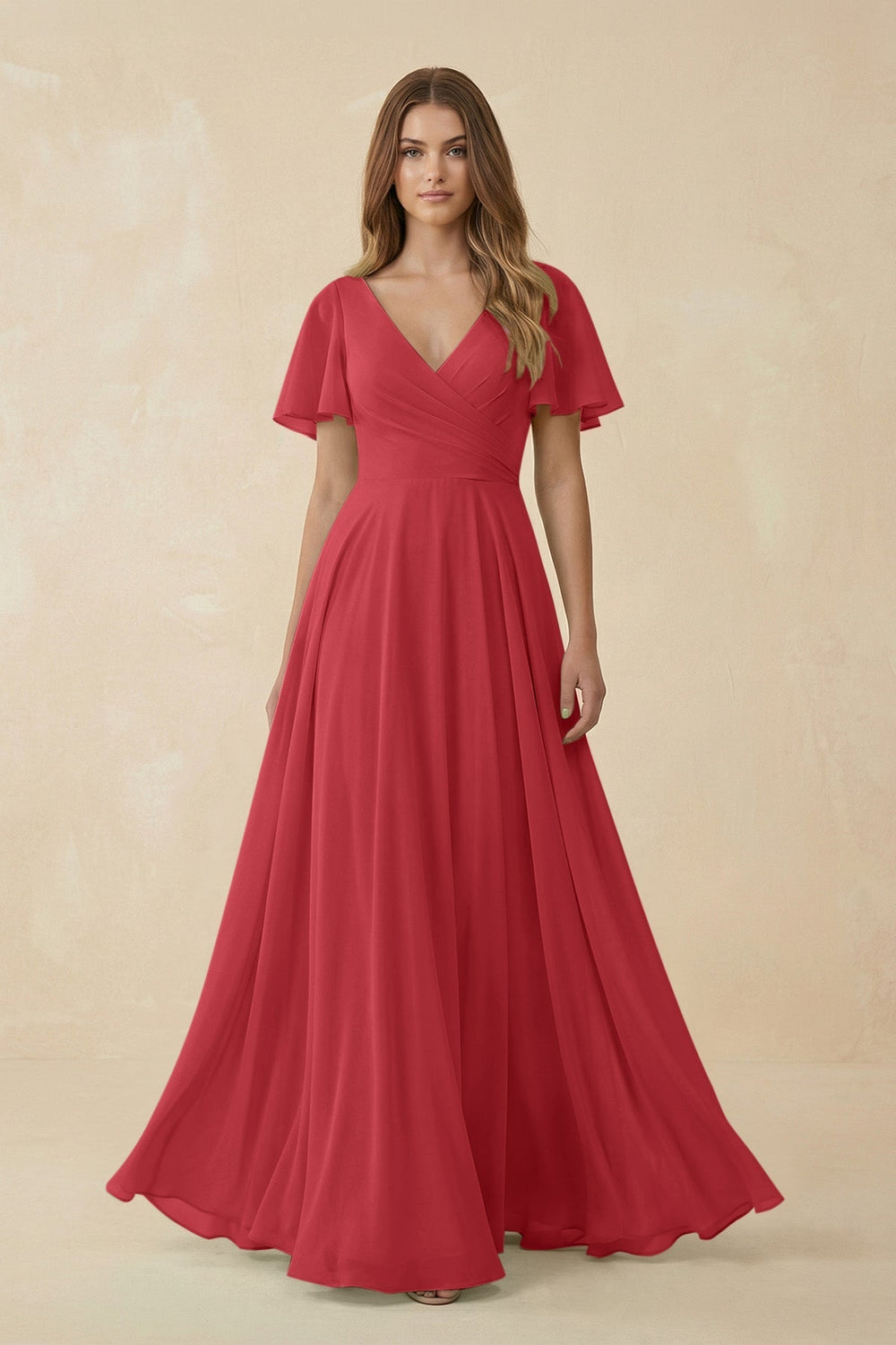 Flutter Sleeve V - Neck Chiffon A - Line Bridesmaid Dress in Merlot - SHE IS ME Bridesmaid Dresses
