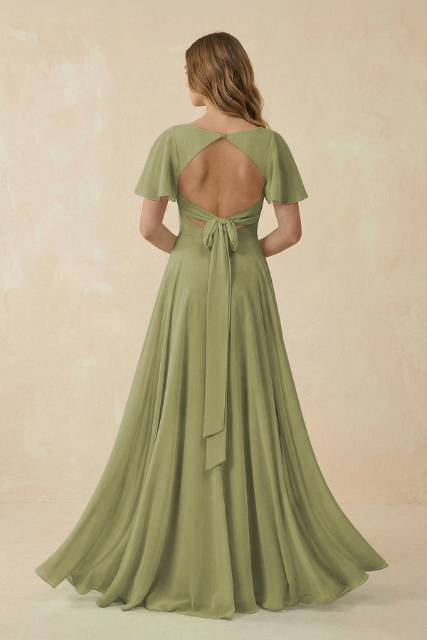 Flutter Sleeve V - Neck Chiffon A - Line Bridesmaid Dress in Moss Green - SHE IS ME Bridesmaid Dresses