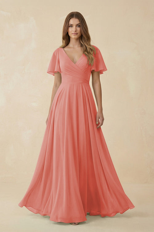 Flutter Sleeve V - Neck Chiffon A - Line Bridesmaid Dress in Mulberry - SHE IS ME Bridesmaid Dresses