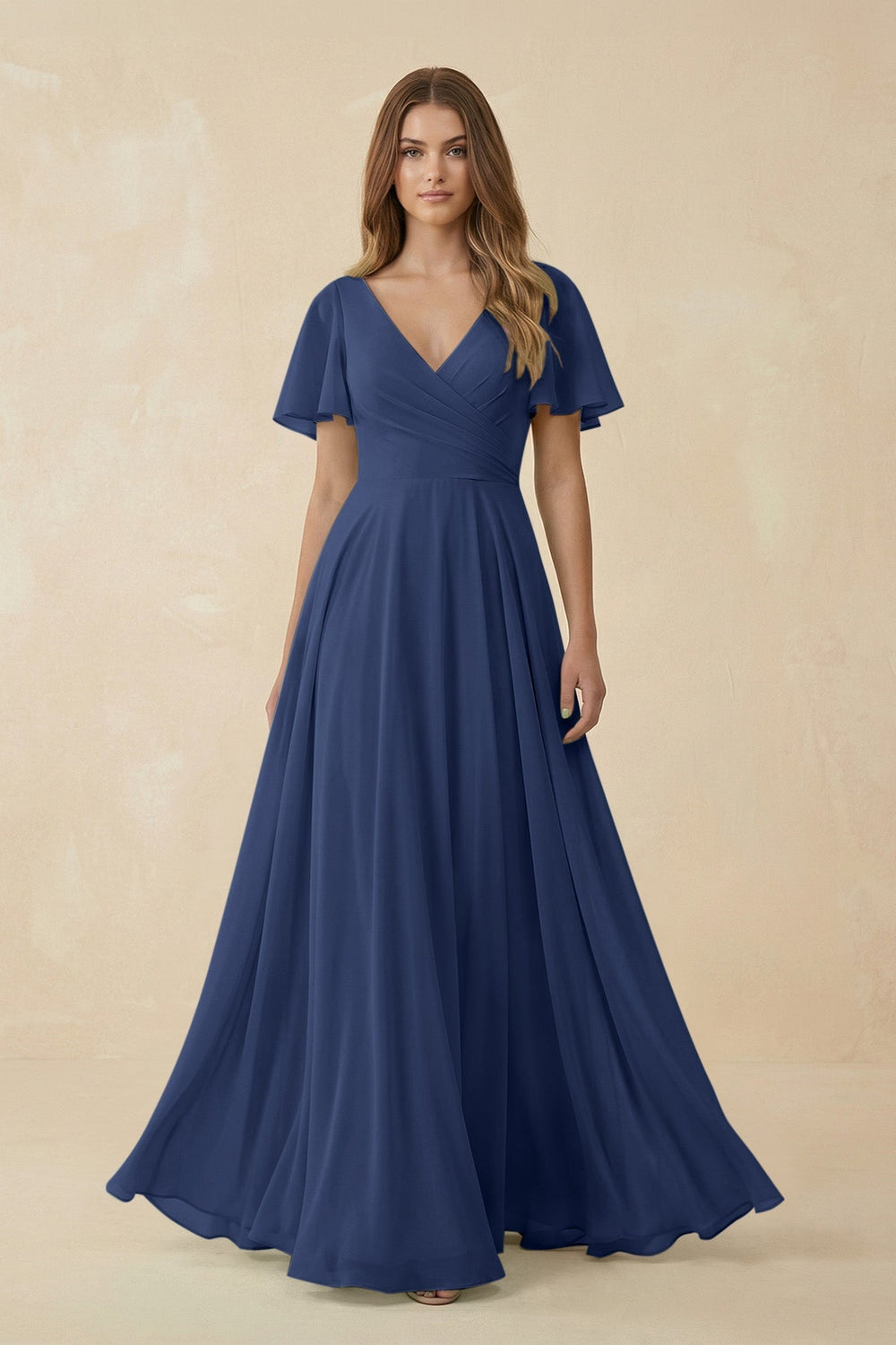 Flutter Sleeve V - Neck Chiffon A - Line Bridesmaid Dress in Navy - SHE IS ME Bridesmaid Dresses