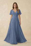 Flutter Sleeve V - Neck Chiffon A - Line Bridesmaid Dress in Neptune - SHE IS ME Bridesmaid Dresses