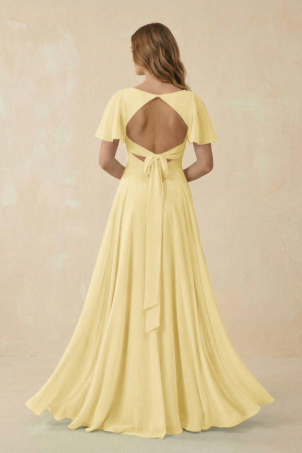 Flutter Sleeve V - Neck Chiffon A - Line Bridesmaid Dress in Pastel Yellow - SHE IS ME Bridesmaid Dresses